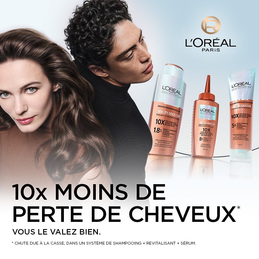 Un homme et une femme avec des cheveux longs et le shampoing, le revitalisant et le sérum Density Booster​