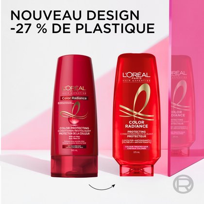 La nouvelle bouteille du revitalisant color radiance sauve 27% de plastique et fait de plastique recyclé