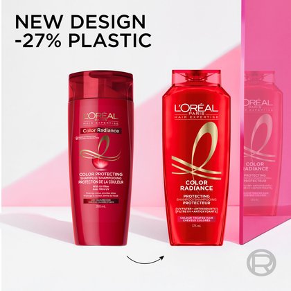 Old and new shamping color radiance packaging with 27% less plastic