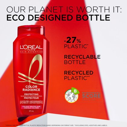 The new color radiance shampoo bottle uses 27% less plastic and is made from recycled plastic.