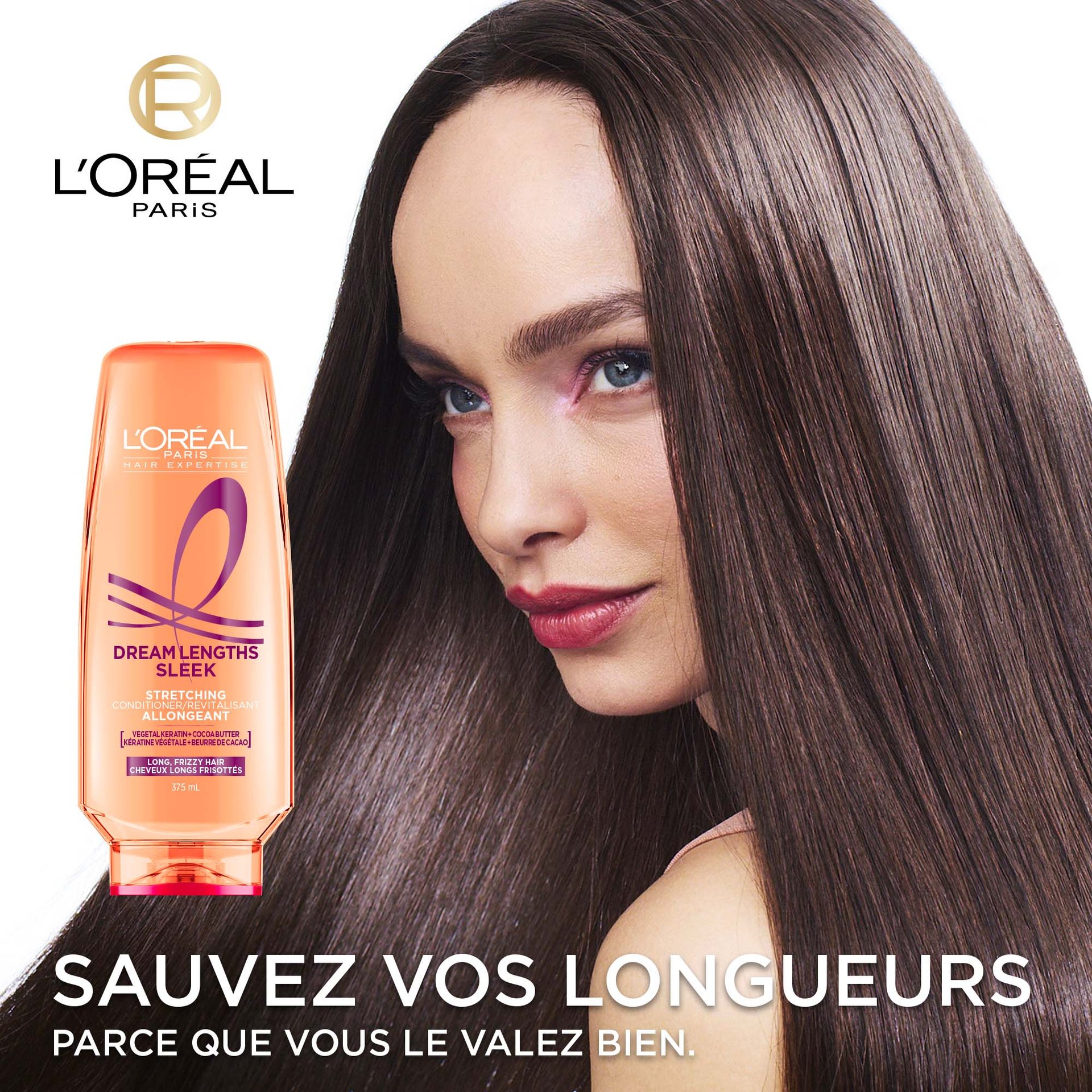 1 femme avec des cheveux long, sain et sans frisottis et une bouteille du revitalisant Dream Length Sleek