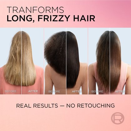 3 women's heads showing before and after with long hair and no frizz