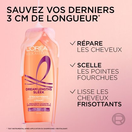 1 bouteille de shampoing dream lenghts sleek qui répare les cheveux, scelle les pointes fourchues et lisse les cheveux frisottants