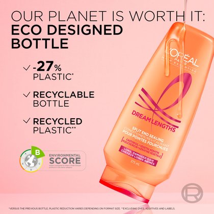 The new bottle of dream length conditioner is eco-certified with recycled plastic and 27% less plastic used.
