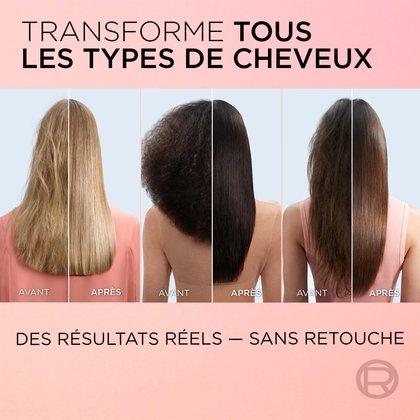 3 têtes de femmes qui montrent avant et après avec des cheveux long et sans frisottis