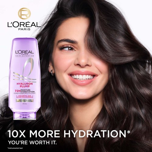 Kendall Jenner with plumped-up hair and a bottle of hyaluron plump conditioner