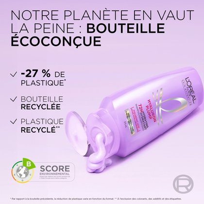 La nouvelle bouteille du revitalisant hyaluron plump est ecoçoncue avec du plastique recyclé et 27% d'utilisation de plastique