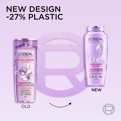 Old and new hyaluron plump shamping packaging with 27% less plastic