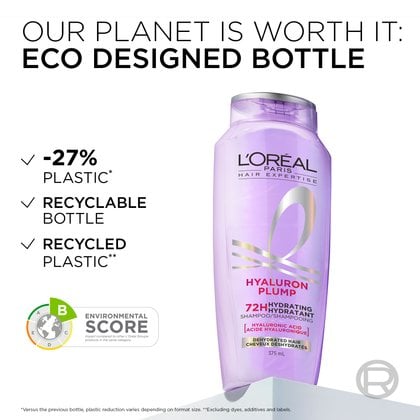 Hyaluron Plump shampoo is a 27% less plastic bottle made ENom recycled plastic.