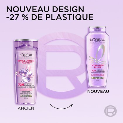 Ancien et nouveau packaging du shamping hyaluron plump avec 27% de moins de plastique
