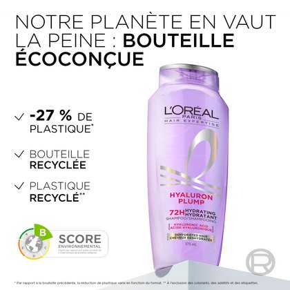 Le shampoing Hyaluron Plump est une bouteille éconçue avec 27% de moins de plastique et fait de plastique recyclé