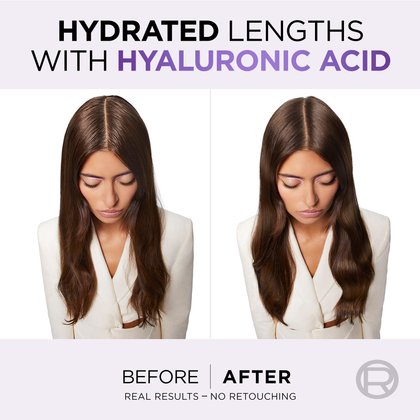 1 woman before and after using hyaluron pure conditioner with moisturized lengths
