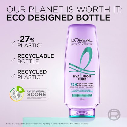 The new hyaluron pure conditioner bottle is made with less than 27% plastic and is recycled.