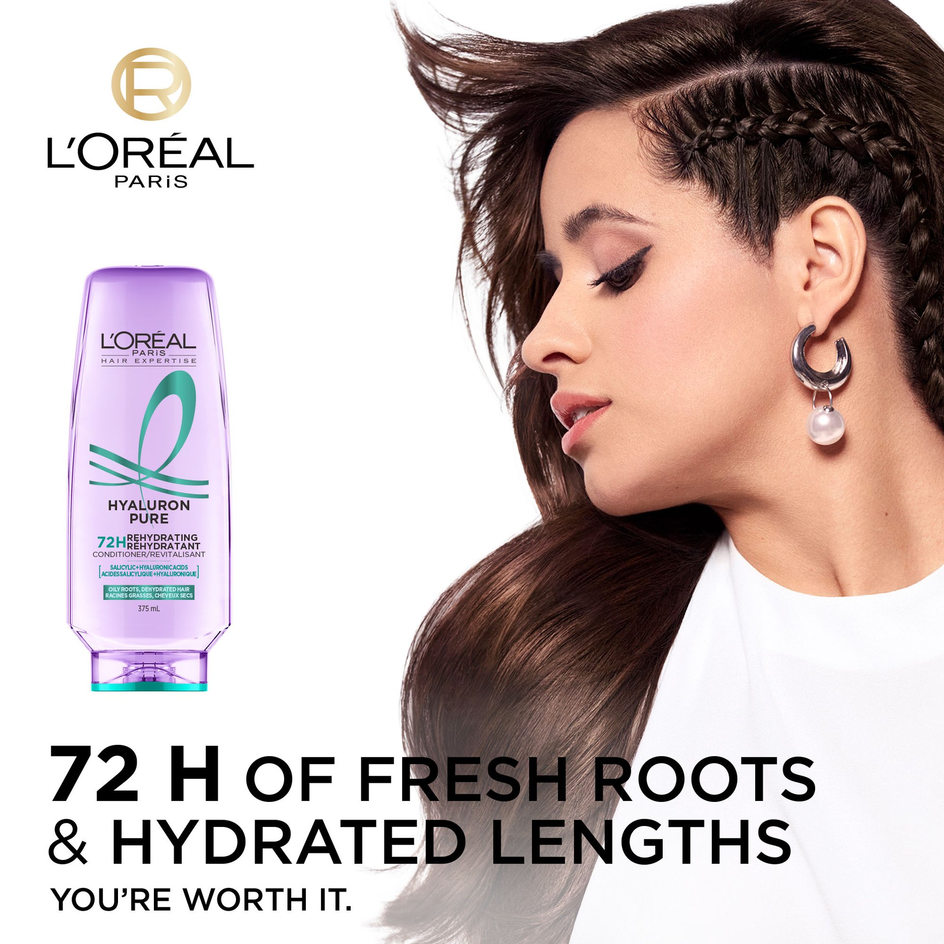 1 woman with clean, moisturized hair and a bottle of hyaluron pure shampoo