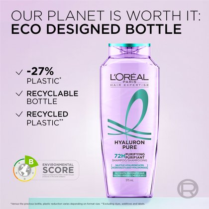 The new hyaluron pure shampoo bottle is made with less than 27% plastic and is recycled.