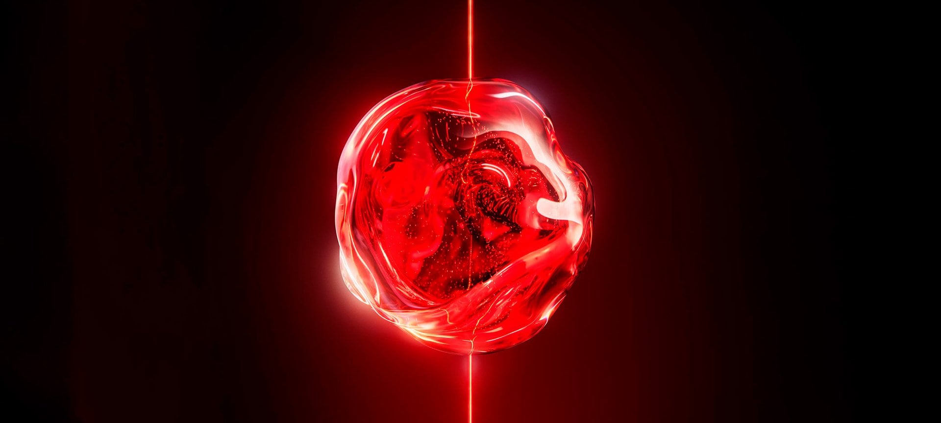 A scientific and abstract close-up visualization of a glowing red organic fluid droplet or sphere, bisected vertically by a thin, sharp red laser beam against a dark background.