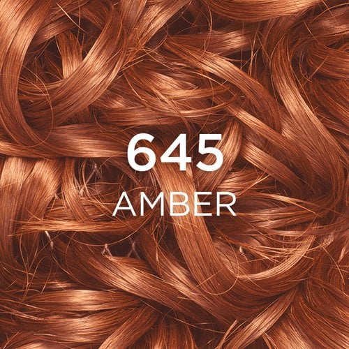 A close-up texture image of curly hair strands, showcasing a rich, warm amber color. The prominent text overlays are "645" and "AMBER," clearly identifying the specific hair color shade.