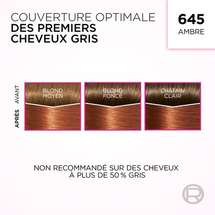 Cette image présente l'effet de la coloration capillaire "645 Ambre" de L'Oréal sur les premiers cheveux gris. Elle montre des comparaisons "Avant" et "Après" sur trois nuances de cheveux de base : "Blond Moyen", "Blond Foncé" et "Châtain Clair". Le texte indique "COUVERTURE OPTIMALE DES PREMIERS CHEVEUX GRIS" et "NON RECOMMANDÉ SUR DES CHEVEUX À PLUS DE 50 % GRIS".