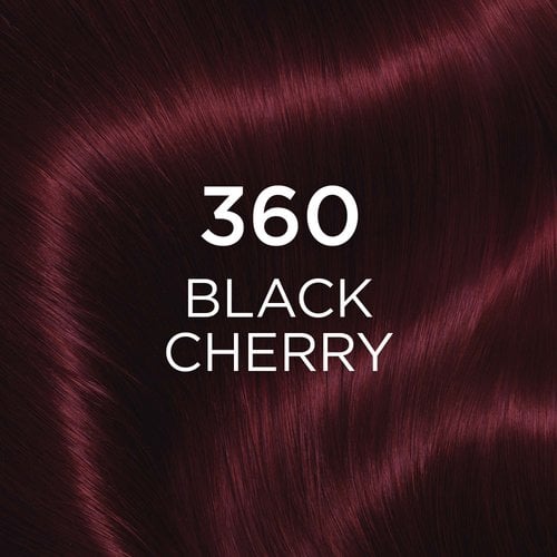 A close-up shot of wavy hair in a rich black cherry color, with the text '360 BLACK CHERRY' overlaid in white. The hair displays deep reddish-purple tones with natural reflections.