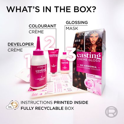 An image displaying the contents of a L'Oréal Casting Crème Gloss hair dye kit, answering the question "QUE CONTIENT LE KIT?" (WHAT DOES THE KIT CONTAIN?). The kit includes three main components, numbered: 1. A white applicator bottle with a pink cap labeled "CRÈME RÉVÉLATRICE" (Developer Crème), 2. A pink tube labeled "CRÈME COLORANTE" (Colourant Crème), and 3. A white bottle with a pink cap labeled "MASQUE GLOSS" (Glossing Mask). These items are shown alongside the L'Oréal Casting Crème Gloss box (shade 515) which highlights "NO AMMONIA," "CONDITIONING COLOUR," and "GLYCOLIC GLOSS COMPLEX." Visible underneath are printed instructions. Below the kit contents, text states "INSTRUCTIONS IMPRIMÉES À L'INTÉRIEUR" (INSTRUCTIONS PRINTED INSIDE) and "BOÎTE ENTIÈREMENT RECYCLABLE" (ENTIRELY RECYCLABLE BOX), accompanied by a CO2 symbol with arrows, indicating environmental consideration.