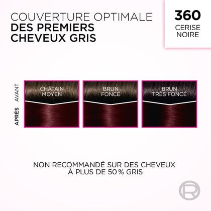 Une image présentant la coloration capillaire 'Couverture Optimale des Premiers Cheveux Blancs' de L'Oréal, nuance 360 Black Cherry. L'image montre trois jeux de mèches de cheveux, chacun divisé en sections 'AVANT' et 'APRÈS'. De gauche à droite, des mèches étiquetées 'BRUN MOYEN', 'BRUN FONCÉ' et 'BRUN LE PLUS FONCÉ' (chacune avec une ligne blanche sur le dessus représentant les cheveux gris) se transforment toutes en une riche nuance noir cerise uniforme avec des reflets rouges profonds 'APRÈS' l'application de la teinture. Un avertissement en bas indique : 'NON RECOMMANDÉ SUR PLUS DE 50% DE CHEVEUX GRIS'.