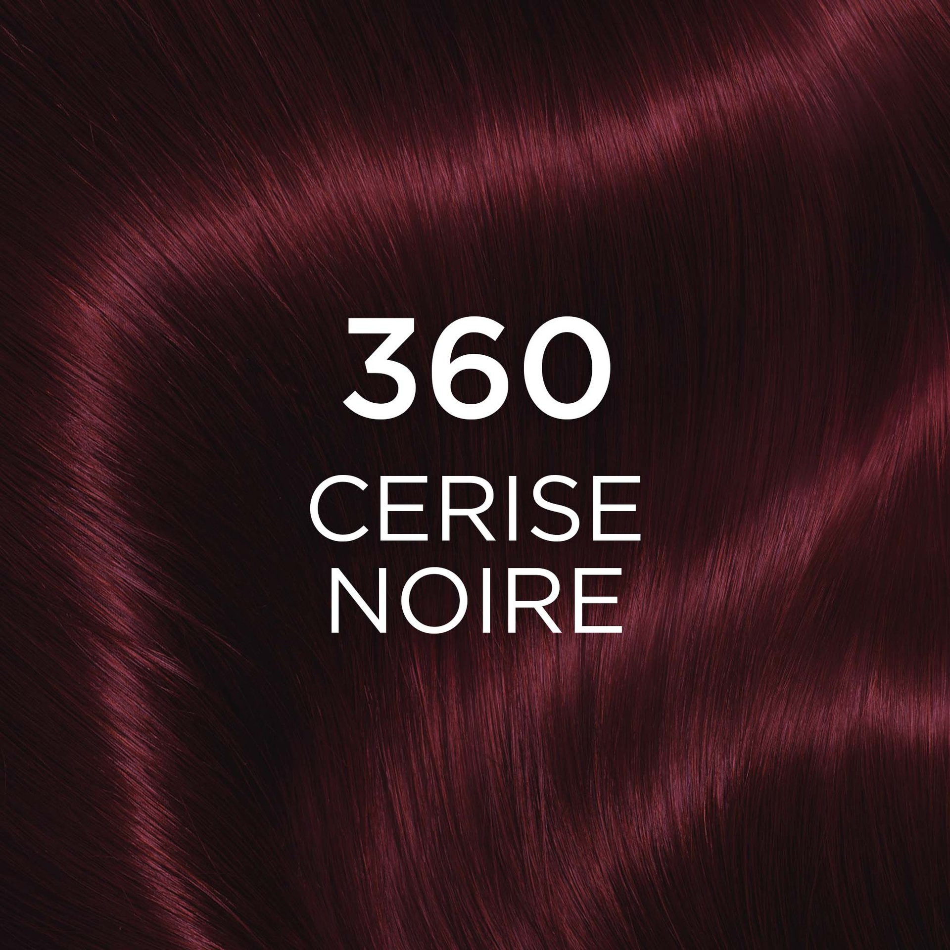 Un gros plan de cheveux ondulés de couleur noir cerise intense, avec le texte '360 BLACK CHERRY' superposé en blanc. Les cheveux présentent des tons rouge-violet profonds avec des reflets naturels.