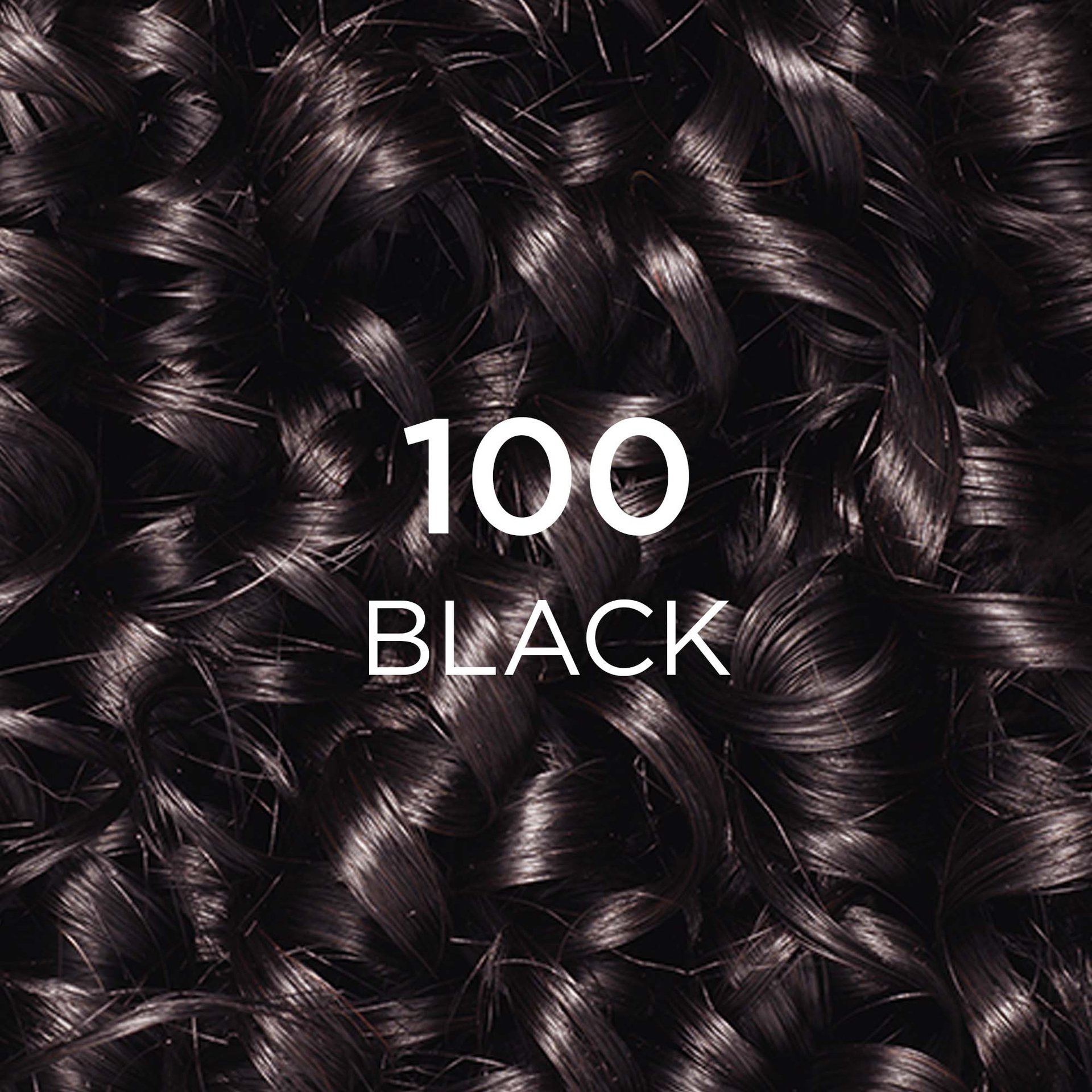 A close-up shot of luxurious, wavy, black hair, with the text '100 BLACK' overlaid in white.