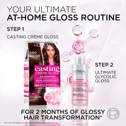 An image presenting L'Oréal's two-step "ULTIMATE AT-HOME GLOSS ROUTINE." Step 1 features a box of L'Oréal Casting Crème Gloss hair dye in shade 400 Dark Brown, emphasizing "NO AMMONIA," "CONDITIONING COLOUR," and "Long-lasting shine" with a "10% GLOSS COMPLEX with GLYCOLIC ACID." Step 2 showcases a bottle of L'Oréal Hair Expertise Ultimate Glycolic Gloss, highlighting its "5 MINUTE LAMINATION" and ability to "SEAL HAIR FIBRE FOR A LASTING SHINE" using a "19% GLOSS COMPLEX with GLYCOLIC ACID," designed for "DULL, POROUS HAIR." A graphical representation of molecular structures connects the two steps, suggesting a chemical process. The overall message at the bottom reads: "FOR 2 MONTHS OF DAZZLING HAIR TRANSFORMATION*" with an asterisk noting, "*MAY VARY DEPENDING ON THE USE OF MASKS AND HAIR LENGTH."