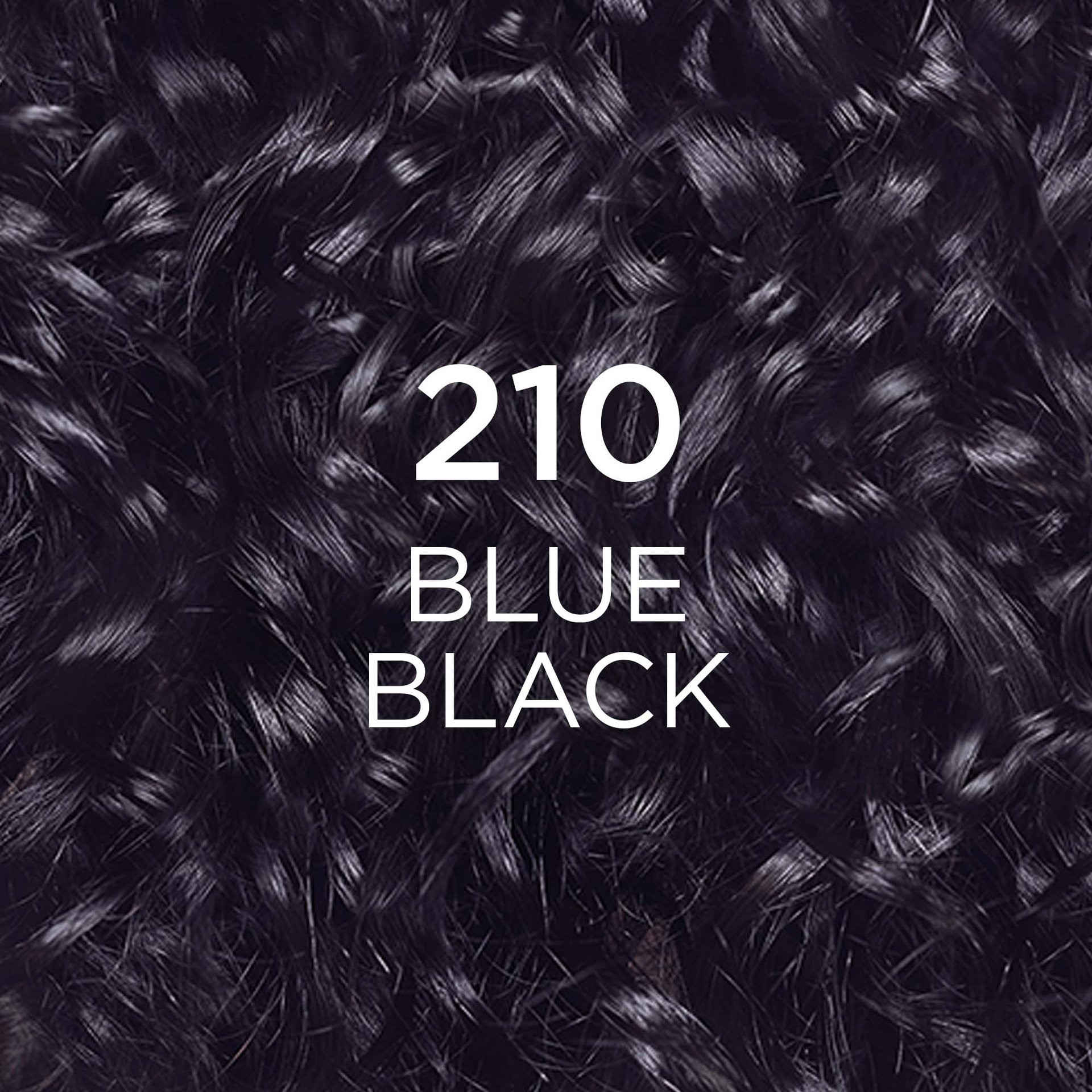 A close-up shot of dark, curly hair with visible blue undertones, indicating the hair color shade "210 BLUE BLACK." The curls are defined and glossy.