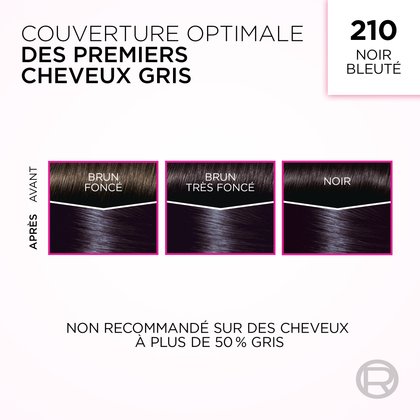 Une image présentant la coloration capillaire 'Couverture Optimale des Premiers Cheveux Blancs' de L'Oréal, nuance 210 Blue Black. L'image montre trois jeux de mèches de cheveux, chacun divisé en sections 'AVANT' et 'APRÈS'. De gauche à droite, des mèches étiquetées 'BRUN FONCÉ', 'BRUN LE PLUS FONCÉ' et 'NOIR' (chacune avec une ligne blanche sur le dessus représentant les cheveux gris) se transforment toutes en une riche nuance bleu-noir uniforme 'APRÈS' l'application de la teinture. Un avertissement en bas indique : 'NON RECOMMANDÉ SUR PLUS DE 50% DE CHEVEUX GRIS'.