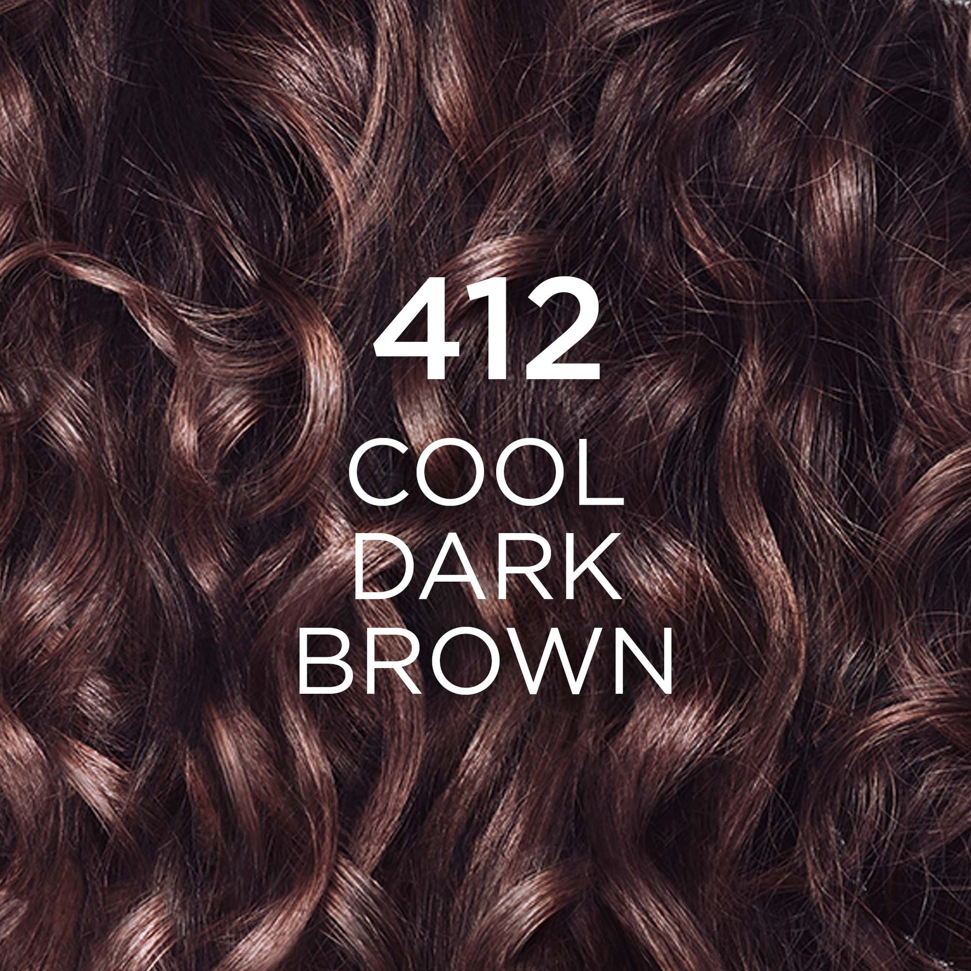 A close-up shot of curly hair in a cool dark brown color, with the text '412 COOL DARK BROWN' overlaid in white. The hair shows deep brown tones with cool undertones and defined curls.