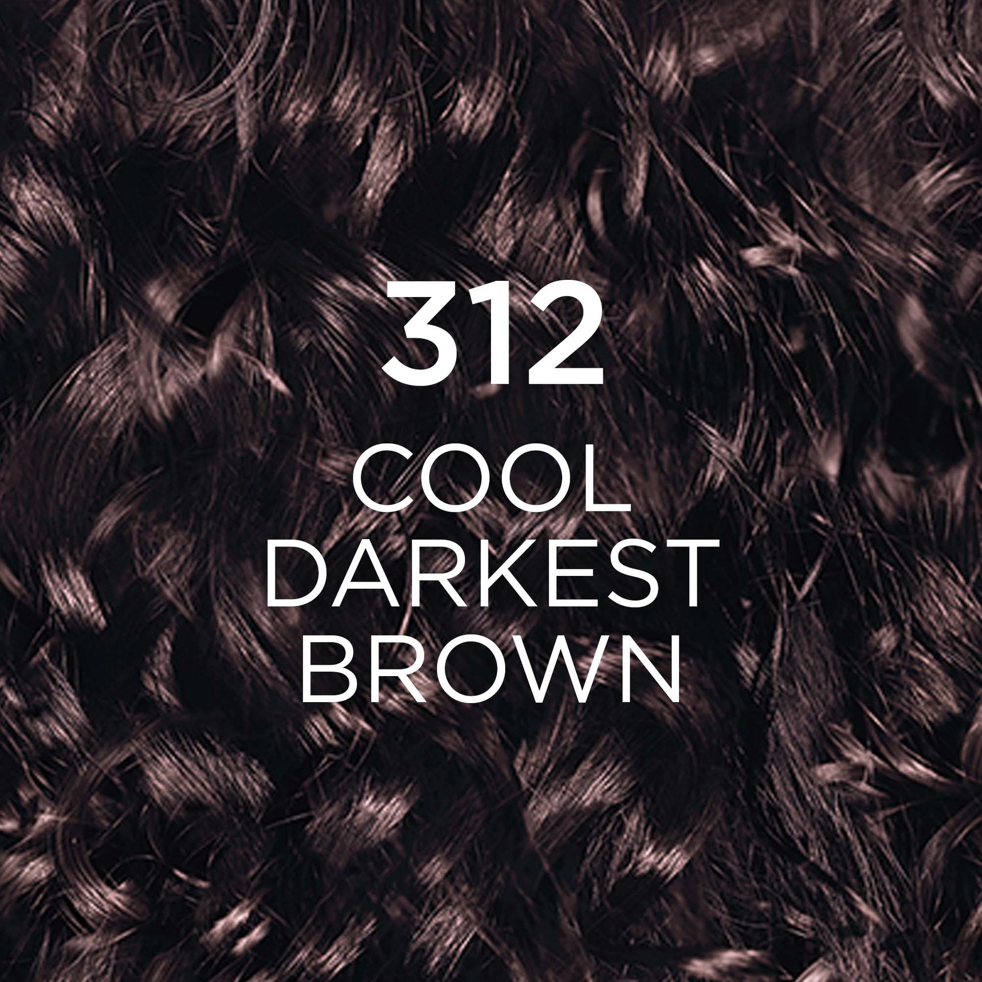 A close-up shot of dark, wavy hair with cool undertones, indicating the hair color shade "312 COOL DARKEST BROWN." The curls are defined and show a rich, deep brown hue.