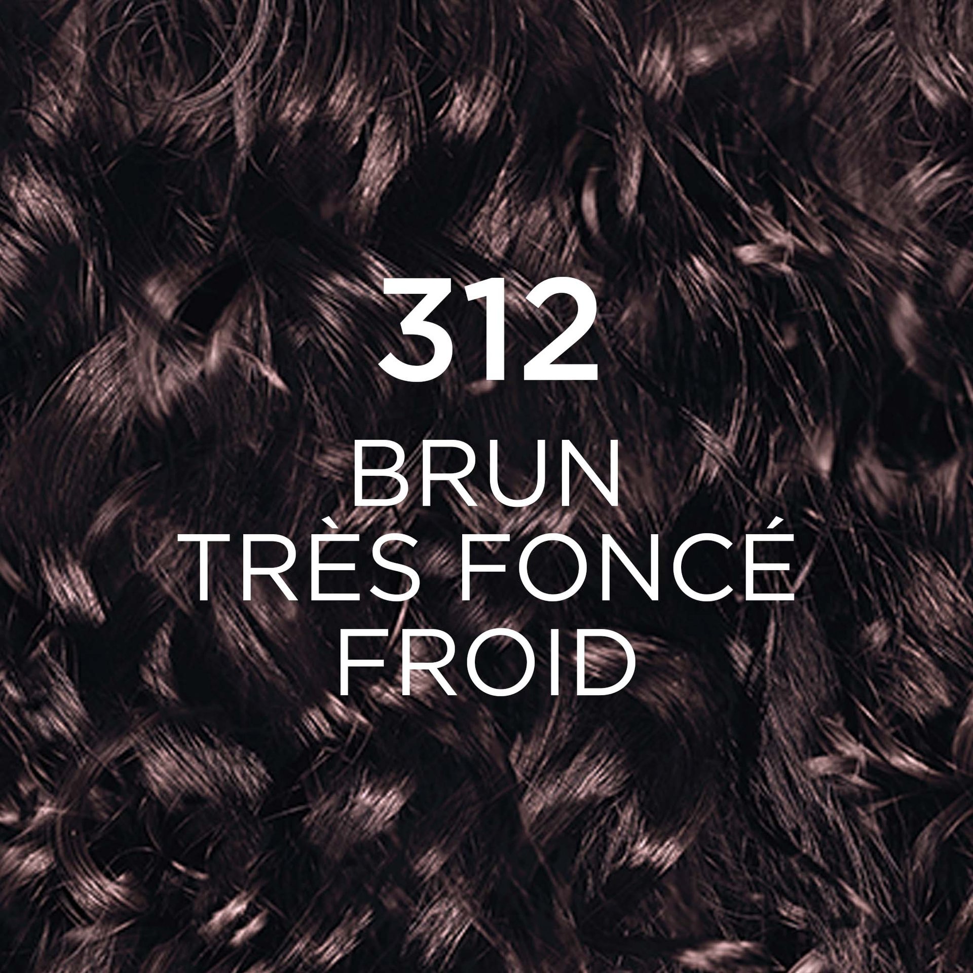 Un gros plan de cheveux foncés et ondulés avec des nuances froides, indiquant la couleur "312 COOL DARKEST BROWN". Les boucles sont définies et affichent une riche teinte brun très foncé.