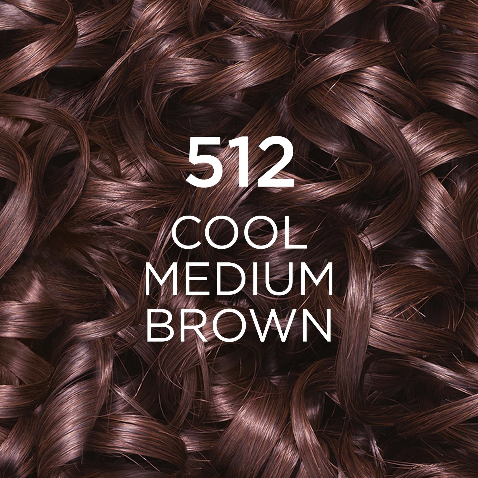 A close-up texture image of curly hair strands, showcasing a rich, cool-toned medium brown color. The prominent text overlays are "512" and "COOL MEDIUM BROWN," clearly identifying the specific hair color shade.