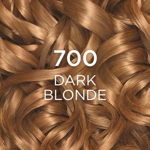 A close-up texture image of curly hair strands, showcasing a rich, warm dark blonde color. The prominent text overlays are "700" and "DARK BLONDE," clearly identifying the specific hair color shade.