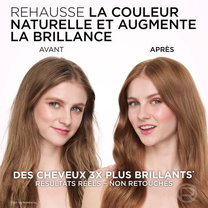Cette image présente une comparaison "Avant" et "Après" sur une femme aux cheveux châtains. Le texte indique "REHAUSSE LA COULEUR NATURELLE ET AUGMENTE LA BRILLANCE" et "DES CHEVEUX 3X PLUS BRILLANTS* RÉSULTATS RÉELS - NON RETOUCHÉS (*TEST INSTRUMENTAL)". La photo "Après" montre des cheveux visiblement plus brillants, une couleur plus intense et une femme souriante et radieuse.
