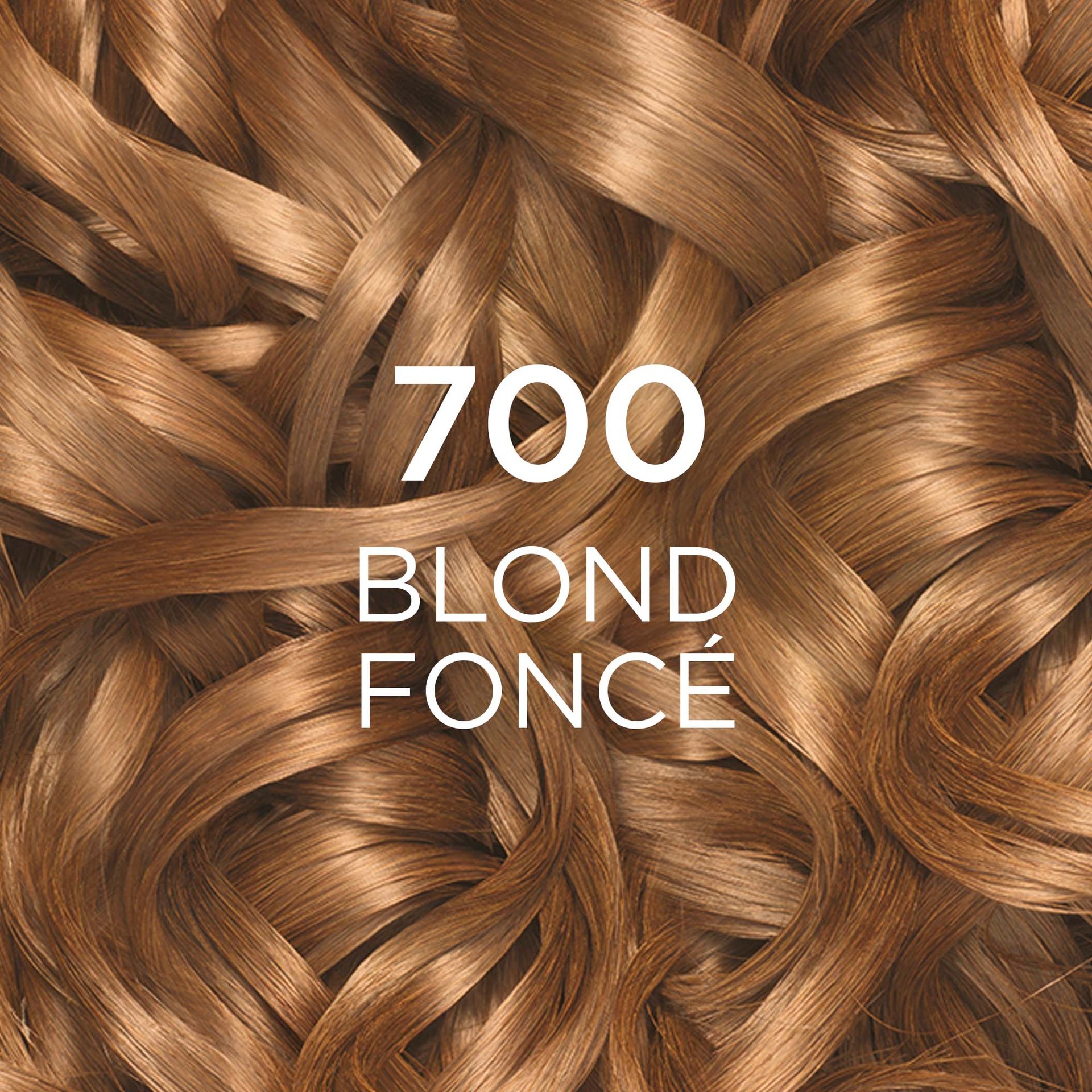 Gros plan sur une mèche de cheveux bouclés et ondulés, d'une couleur "700 BLOND FONCÉ". La teinte est un blond foncé naturel et riche, avec des reflets subtils. Le chiffre "700" est affiché en grand et en blanc au centre de l'image.