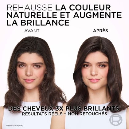 Une image divisée montrant les cheveux et l'expression faciale d'une femme avant et après un traitement visant à rehausser la couleur naturelle et à augmenter la brillance. À gauche, étiqueté "BEFORE" (AVANT), elle a de longs cheveux ondulés châtain foncé qui semblent un peu secs et moins éclatants, avec une expression neutre. À droite, étiqueté "AFTER" (APRÈS), ses cheveux sont d'un châtain foncé plus riche et plus profond avec un éclat brillant notable et des ondulations plus définies. Elle sourit doucement, et son teint est frais avec un léger rosissement. Le texte en haut indique : "ENHANCE NATURAL COLOUR & BOOST SHINE" (AMÉLIORER LA COULEUR NATURELLE ET BOOSTER L'ÉCLAT). Sous les images, il est écrit : "3X GLOSSIER HAIR*" (CHEVEUX 3X PLUS BRILLANTS*) et "REAL RESULTS - NOT RETOUCHED" (RÉSULTATS RÉELS - NON RETOUCHÉS), avec un astérisque précisant "*INSTRUMENTAL TEST" (TEST INSTRUMENTAL).