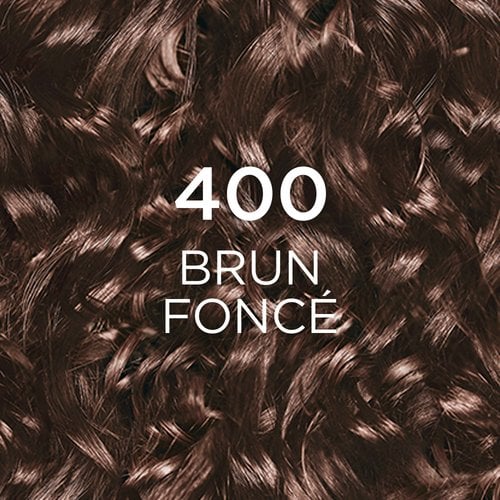 Un gros plan de cheveux ondulés brun foncé, avec le texte '400 DARK BROWN' superposé en blanc. Les cheveux présentent des tons bruns riches et profonds avec des reflets naturels.