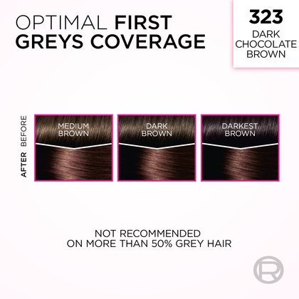 An image demonstrating L'Oréal's 'Optimal First Greys Coverage' hair dye in shade 323 Dark Chocolate Brown. The image features three sets of hair swatches, each divided into 'BEFORE' and 'AFTER' sections. From left to right, swatches labeled 'MEDIUM BROWN', 'DARK BROWN', and 'DARKEST BROWN' (each with a white line across the top representing grey hair) all transform into a rich, uniform dark chocolate brown shade 'AFTER' applying the dye. A warning at the bottom reads: 'NOT RECOMMENDED ON MORE THAN 50% GREY HAIR'.
