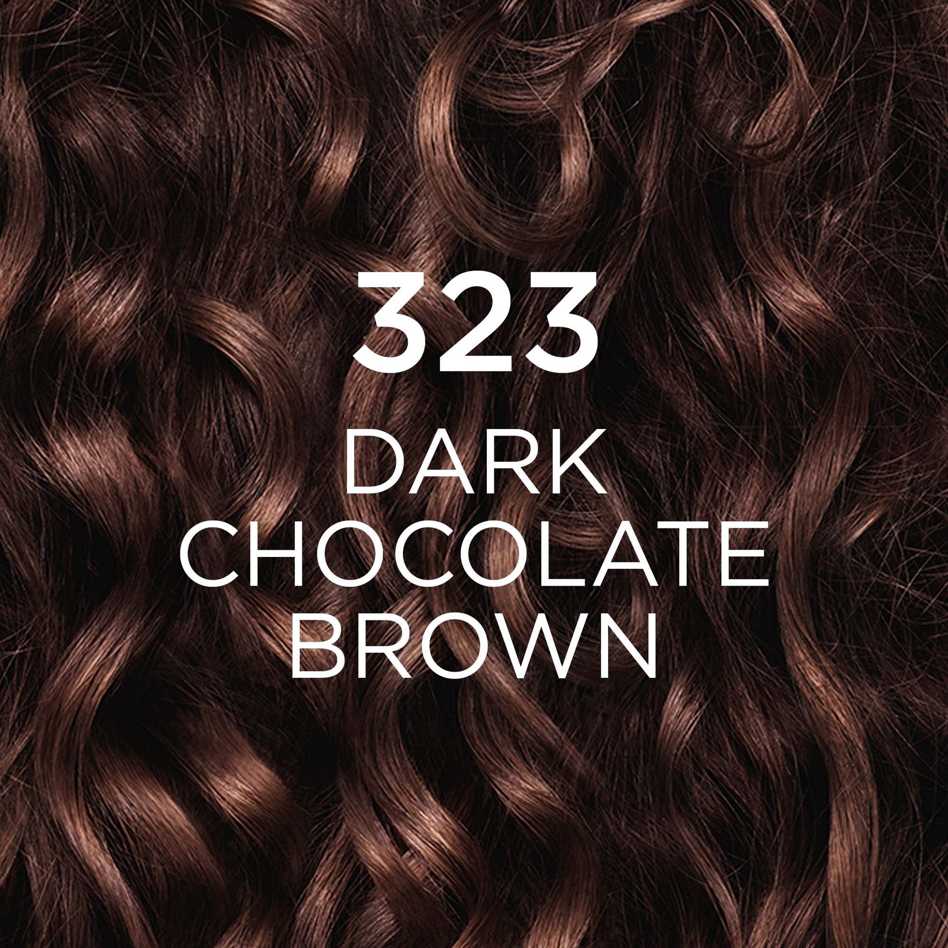 A close-up shot of curly hair in a rich dark chocolate brown color, with the text '323 DARK CHOCOLATE BROWN' overlaid in white. The hair shows deep brown tones with subtle highlights.
