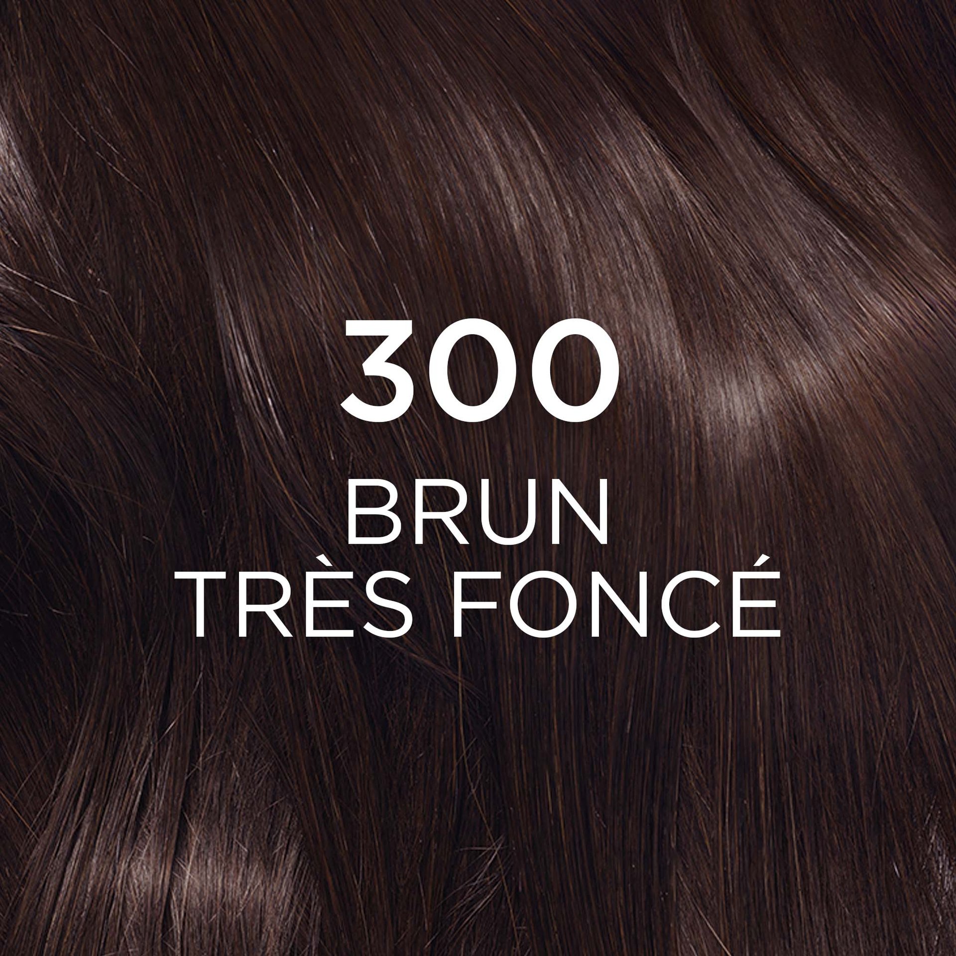 Un gros plan de cheveux ondulés brun très foncé, avec le texte '300 DARKEST BROWN' superposé en blanc. Les cheveux présentent des tons bruns riches et profonds avec des reflets naturels.