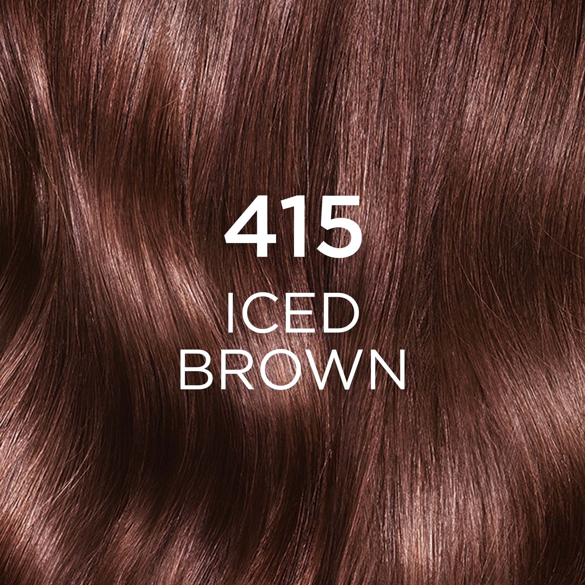 A close-up shot of wavy hair in a rich iced brown color, with the text '415 ICED BROWN' overlaid in white. The hair shows cool brown tones with subtle reflections.
