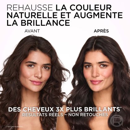 Cette image présente une comparaison "Avant" et "Après" sur une femme souriante aux cheveux foncés. Le texte indique "REHAUSSE LA COULEUR NATURELLE ET AUGMENTE LA BRILLANCE" et "DES CHEVEUX 3X PLUS BRILLANTS* RÉSULTATS RÉELS - NON RETOUCHÉS (*TEST INSTRUMENTAL)". La photo "Après" montre des cheveux visiblement plus brillants et un teint plus éclatant.