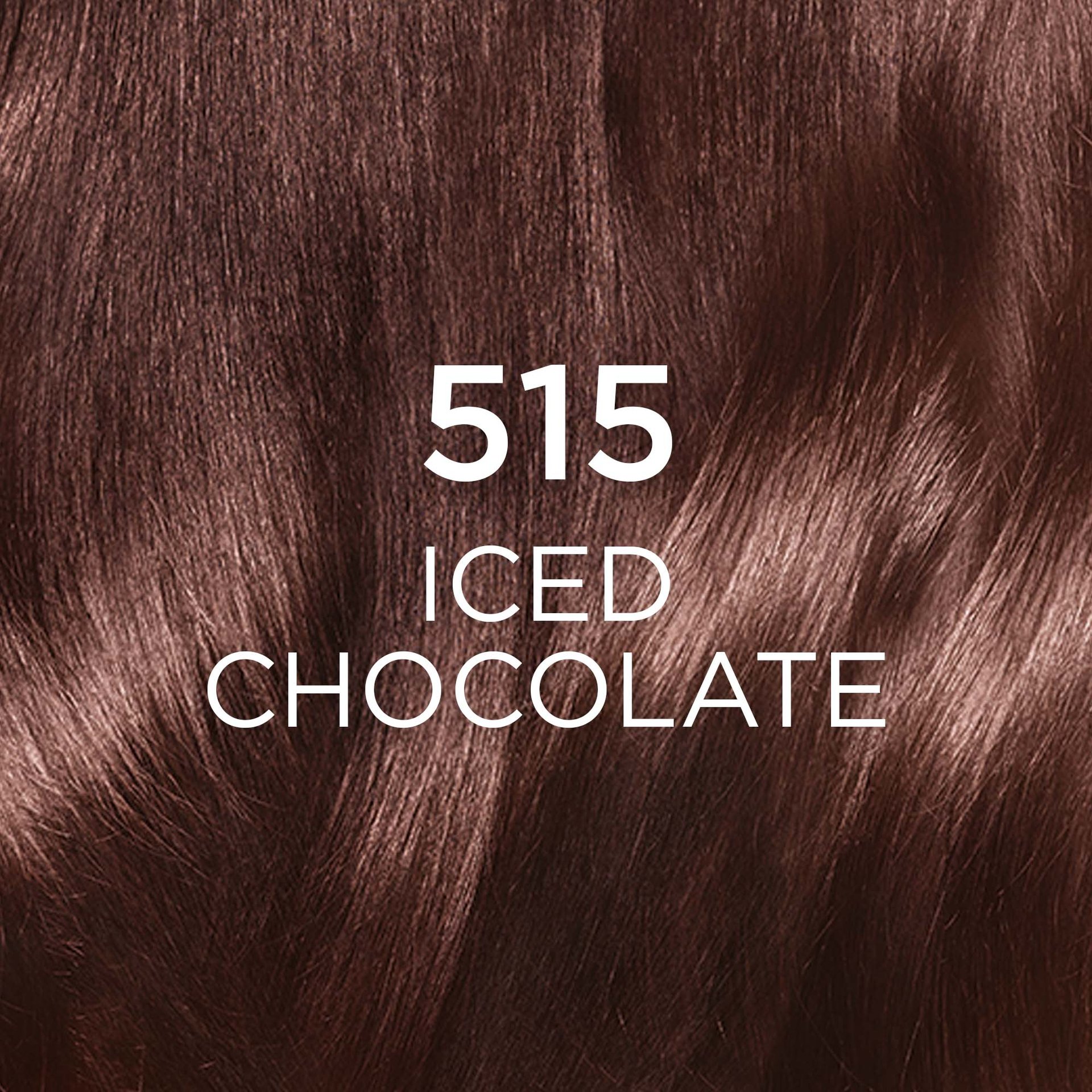 A close-up texture image of hair strands, showcasing a rich, cool-toned iced chocolate brown color. The prominent text overlays are "515" and "ICED CHOCOLATE," clearly identifying the specific hair color shade.