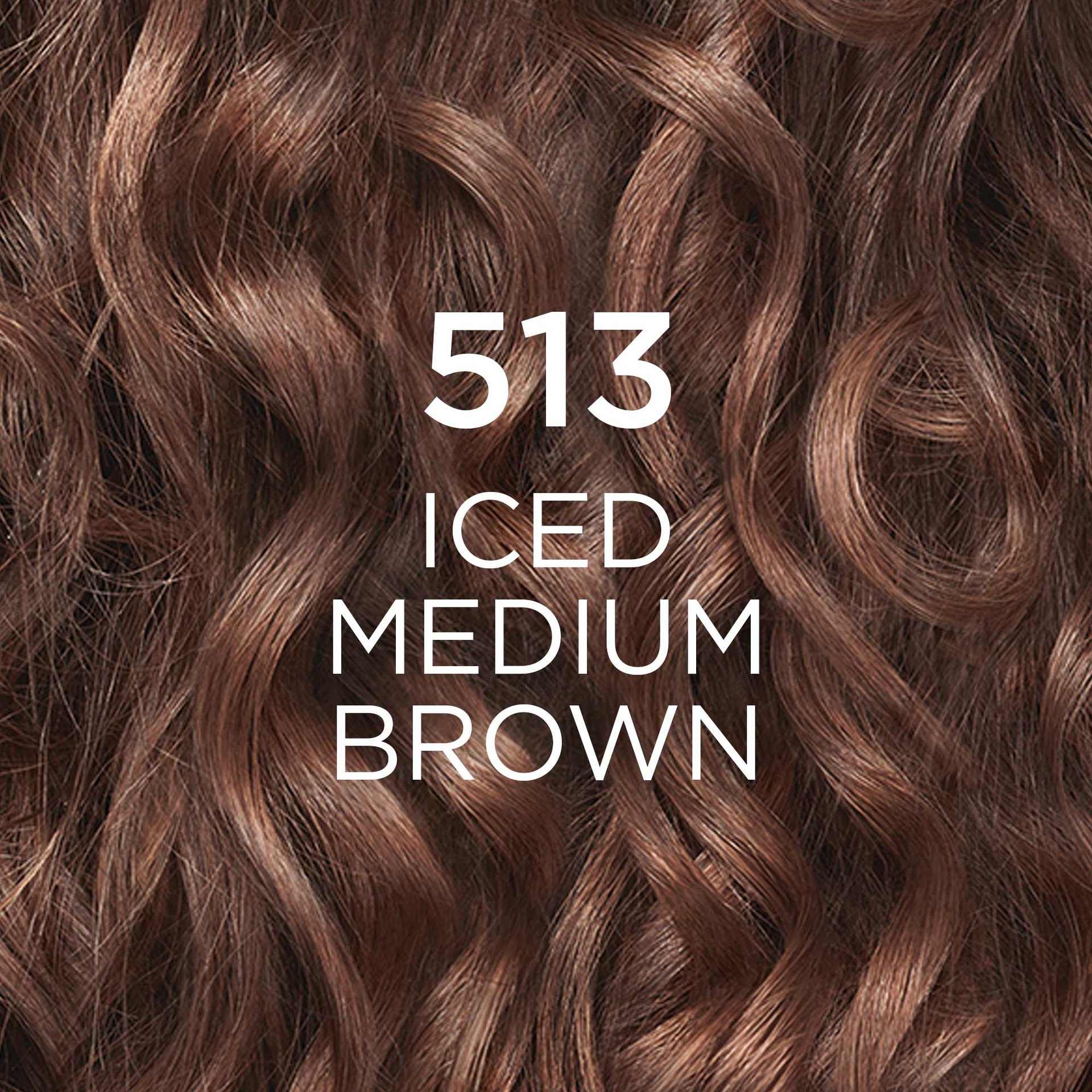 A close-up texture image of curly hair strands, showcasing a rich, cool-toned iced medium brown color. The prominent text overlays are "513" and "ICED MEDIUM BROWN," clearly identifying the specific hair color shade.