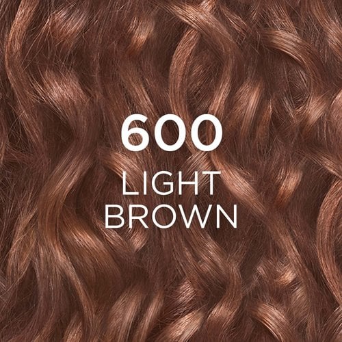 A close-up texture image of curly hair strands, showcasing a rich, warm light brown color. The prominent text overlays are "600" and "LIGHT BROWN," clearly identifying the specific hair color shade.