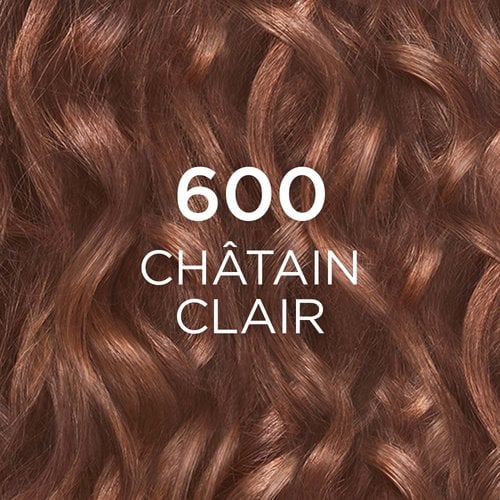 Gros plan sur une mèche de cheveux longs et lisses, d'une couleur "600 CHÂTAIN CLAIR".