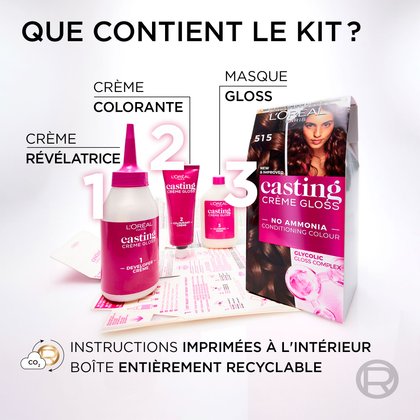 Une image présentant le contenu d'un kit de coloration capillaire L'Oréal Casting Crème Gloss, répondant à la question "QUE CONTIENT LE KIT ?". Le kit comprend trois composants principaux, numérotés : 1. Une bouteille applicatrice blanche avec un bouchon rose étiquetée "CRÈME RÉVÉLATRICE", 2. Un tube rose étiqueté "CRÈME COLORANTE", et 3. Une bouteille blanche avec un bouchon rose étiquetée "MASQUE GLOSS". Ces éléments sont présentés à côté de la boîte L'Oréal Casting Crème Gloss (nuance 515) qui met en évidence "SANS AMMONIAQUE," "COULEUR REVITALISANTE," et "GLYCOLIC GLOSS COMPLEX." Des instructions imprimées sont visibles en dessous. Sous le contenu du kit, le texte indique "INSTRUCTIONS IMPRIMÉES À L'INTÉRIEUR" et "BOÎTE ENTIÈREMENT RECYCLABLE", accompagné d'un symbole CO2 avec des flèches, signalant une considération environnementale.