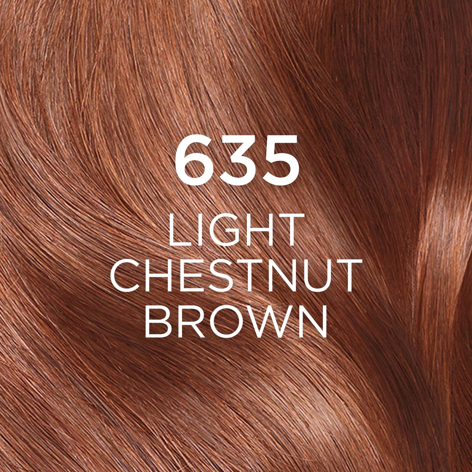 A close-up texture image of flowing hair strands, showcasing a rich, warm light chestnut brown color. The prominent text overlays are "635" and "LIGHT CHESTNUT BROWN," clearly identifying the specific hair color shade.